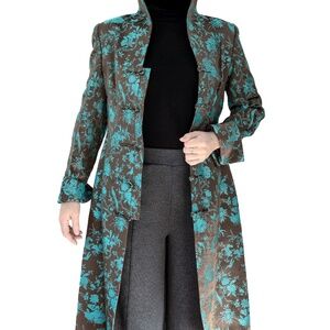 Teal Floral Brocade Long Coat – Asian Inspired Toggle Jacket – Silk Blend